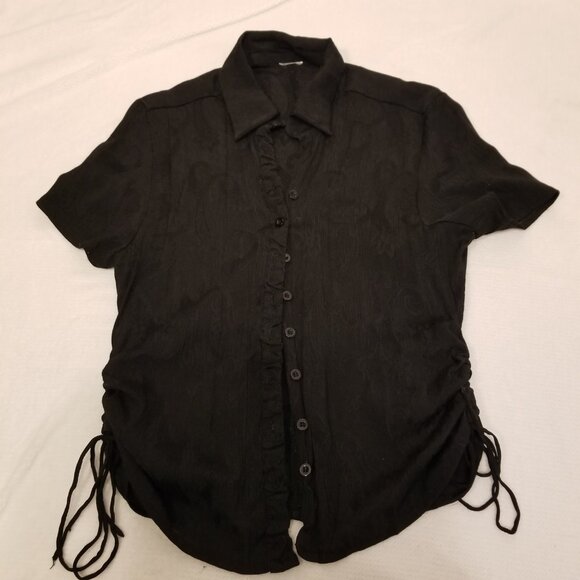 Vintage Sheer Textured Paisley Jacquard Cropped Black Button up Rouched Shirt - Picture 2 of 10
